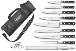 Sabatier Roll Bag With 7 Ideal 100% Forged Knives + 1 Carving Fork + 1 Sharpening Steel